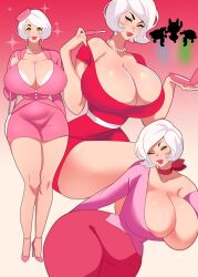 Rule 34 | 4girls, ascot, babie fluff, bag, blossom (ppg), breasts, bubbles (ppg), buttercup (ppg), cleavage, dress, earrings, handbag, hat, high heels, highres, huge breasts, jewelry, lipstick, makeup, multiple girls, narrow waist, necklace, pearl necklace, powerpuff girls, white hair, wide hips, yellow eyes