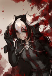 Rule 34 | 1girl, black cape, black eyes, black hair, black jacket, blood, breasts, brown background, cape, closed mouth, collar, eyes visible through hair, hair between eyes, huazha01, jacket, made in abyss, multicolored hair, ozen, short hair, simple background, solo, spiked hair, two-tone hair, upper body, whistle, white hair