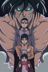 Rule 34 | 4boys, black hair, brown jacket, clenched hands, eren yeager, frown, glowing, glowing eyes, green eyes, hair slicked back, hands in pockets, highres, jacket, male focus, medium hair, multiple boys, multiple persona, open mouth, paradis military uniform, red scarf, rogue titan, scarf, serious, shingeki no kyojin, smile, smoke, tina fate, titan (shingeki no kyojin)