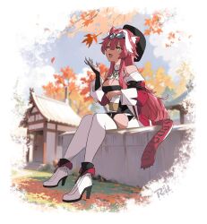 Rule 34 | 1girl, animal ears, ankle boots, autumn leaves, beret, black hat, black tube top, boots, breasts, cat ears, cat girl, cat tail, cleavage, cup, disposable cup, goggles, goggles on head, hat, highres, hololive, hololive english, jacket, large breasts, long hair, open mouth, pink hair, pink jacket, r3dfive, raora panthera, smile, solo, strapless, tail, thighhighs, tube top, vest, virtual youtuber, white footwear, white thighhighs, white vest, yellow eyes