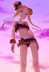 Rule 34 | 1girl, abigail williams (emerald float) (fate), abigail williams (fate), bikini, black bikini, black bow, blue eyes, bow, double bun, fate/grand order, fate (series), flat chest, forehead, frilled bikini, frills, hair bun, head tilt, looking at viewer, mimizubare, navel, official alternate costume, orange bow, outdoors, parted bangs, polka dot, polka dot bow, scrunchie, sky, solo, standing, swimsuit, wrist scrunchie