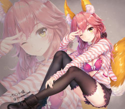 Rule 34 | 10s, 1girl, ;), animal ears, artist name, ass, black thighhighs, boots, bra, breasts, cleavage, fate/extra, fate (series), fox ears, fox tail, hair ornament, hair scrunchie, knees up, long hair, long sleeves, looking at viewer, low twintails, medium breasts, official alternate costume, one eye closed, open clothes, open shirt, paint musume, partially unzipped, pink hair, scrunchie, shirt, sitting, skirt, smile, solo, striped clothes, striped shirt, tail, tamamo (fate), tamamo no mae (fate/extra), tamamo no mae (spring casual) (fate), thighhighs, twintails, twitter username, underwear, v, v over eye, yellow eyes, zipper, zoom layer