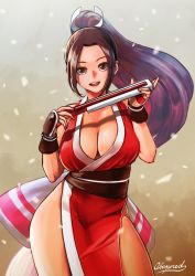 Rule 34 | 1girl, abazu-red, breasts, brown hair, cleavage, cowboy shot, fatal fury, folded fan, folding fan, hand fan, hand up, highres, large breasts, long hair, looking at viewer, ninja, open mouth, pelvic curtain, ponytail, revealing clothes, shiranui mai, sidelocks, smile, snk, solo, standing, the king of fighters, thighs