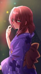 Rule 34 | 1girl, bow, breasts, bright pupils, green eyes, hair behind ear, highres, holding, holding hair, japanese clothes, kamon rider, kimono, looking at viewer, medium breasts, medium hair, munakata misae, muv-luv, orange bow, parted lips, purple kimono, red hair, second-party source, solo, white pupils, yukata