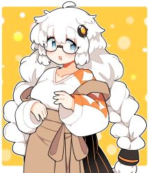 Rule 34 | 1girl, ahoge, apron, blue eyes, braid, breasts, commentary request, glasses, hair ornament, highres, ini (inunabe00), kizuna akari, large breasts, long hair, long sleeves, looking at viewer, open mouth, orange background, semi-rimless eyewear, shirt, solo, twin braids, under-rim eyewear, voiceroid, white hair, white shirt