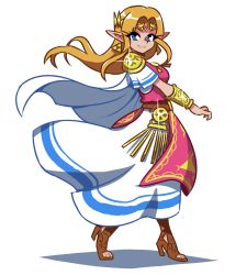 Rule 34 | akairiot, armor, blonde hair, blue eyes, boots, dress, full body, high heels, nintendo, open toe boots, pauldrons, pelvic curtain, pointy ears, princess zelda, shoulder armor, smile, solo, the legend of zelda, the legend of zelda: a link between worlds, toeless footwear, transparent background, wrist cuffs