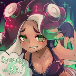 Rule 34 | !, 1girl, :d, bad id, bad twitter id, bare shoulders, blush, breasts, cephalopod eyes, cleavage, collarbone, conomi-c5, countdown, crop top, dark skin, fang, fingerless gloves, gloves, gradient hair, green eyes, green hair, green nails, half-closed eyes, headphones, leaning forward, looking at viewer, marina (splatoon), medium breasts, mole, mole under mouth, multicolored hair, nail polish, nintendo, octoling, open mouth, partially unzipped, pink pupils, purple hair, shorts, smile, speech bubble, splatoon (series), splatoon 2, suction cups, symbol-shaped pupils, teeth, tentacle hair, text focus, twitter username, two-tone hair, upper body, zipper, zipper pull tab