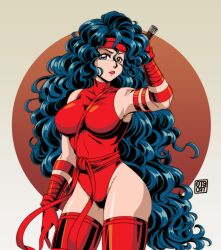 Rule 34 | 0tacat, 1980s (style), 1girl, absurdres, animification, between breasts, blue eyes, blue hair, breasts, commentary, commission, contrapposto, curly hair, elektra, elektra natchios, english commentary, gloves, hair between eyes, headband, highres, impossible clothes, impossible leotard, large breasts, leotard, long hair, marvel, oldschool, parted lips, red gloves, red headband, red leotard, red lips, red thighhighs, retro artstyle, signature, solo, strap between breasts, thighhighs, very long hair