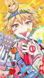 Rule 34 | 1boy, absurdres, bandaid, bandaid on face, bandaid on hand, blonde hair, breast pocket, chainsaw man, cross-shaped pupils, denji (chainsaw man), doctor, ear piercing, earrings, gloves, hair between eyes, hayakawa aki, highres, horns, jewelry, kiunchiku, liquid-in-glass thermometer, mask, mask pull, mouth mask, name tag, necktie, pen, piercing, pill, pill hair ornament, pin, pink shirt, pochita (chainsaw man), pocket, power (chainsaw man), red horns, red necktie, ring, sharp teeth, shirt, solo, stethoscope, surgical mask, sweatdrop, symbol-shaped pupils, syringe, teeth, thermometer, tongue, tongue out, upper body, white gloves, yellow eyes