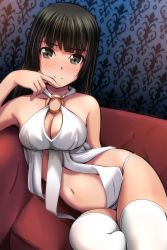 Rule 34 | 1girl, absurdres, black hair, breasts, brown eyes, cleavage, closed mouth, couch, highres, looking at viewer, matsunaga kouyou, medium breasts, navel, on couch, short hair, sitting, solo, thighhighs, white thighhighs