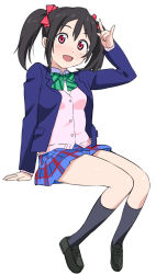 Rule 34 | 10s, 1girl, \m/, baba arumi, black hair, blazer, blush, bow, breasts, hair bow, jacket, looking at viewer, love live!, love live! school idol project, open mouth, red eyes, school uniform, short hair, simple background, sitting, skirt, small breasts, smile, solo, twintails, yazawa nico