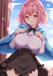 Rule 34 | 1girl, :d, black skirt, blue capelet, blue sky, blush, braid, breasts, capelet, cloud, commentary request, day, frilled skirt, frills, grey shirt, hair between eyes, hands up, highres, hoshizaki akari, large breasts, long sleeves, looking at viewer, ongeki, open mouth, petals, pink hair, puffy long sleeves, puffy sleeves, red eyes, shirt, skirt, sky, sleeves past wrists, smile, solo, tree, twin braids, xenon (for achieve)