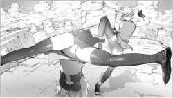 Rule 34 | 12v, 2girls, bare shoulders, battle, blank eyes, breasts, cliff, cloud, crop top, day, detached sleeves, dress, duel, floating hair, greyscale, hair between eyes, hand up, handstand, kicking, knee up, medium breasts, miniskirt, monochrome, motion blur, multiple girls, nature, original, outdoors, panties, pantyshot, pelvic curtain, sandals, shoe soles, short dress, short hair, skirt, sky, sleeveless, sleeveless dress, small breasts, spread legs, standing, standing on one leg, swimsuit, thighhighs, underwear, upside-down