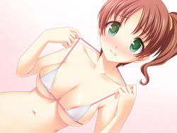 Rule 34 | 1girl, adjusting clothes, adjusting swimsuit, bad id, bad pixiv id, bikini, bikini pull, bikini top only, blush, breasts, brown hair, cleavage, clothes pull, dutch angle, green eyes, hair ribbon, large breasts, navel, original, ponytail, pulling own clothes, ribbon, shiny skin, short hair, side ponytail, skindentation, solo, strap lift, swimsuit, totokichi
