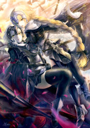 Rule 34 | 2girls, ahoge, black legwear, black ribbon, blonde hair, cape, chain, dual persona, fate/grand order, fate (series), feathers, gauntlets, grey eyes, hair ribbon, headpiece, highres, holding hands, interlocked fingers, jeanne d&#039;arc (fate), jeanne d&#039;arc (ruler) (fate), jeanne d&#039;arc alter (avenger) (fate), jeanne d&#039;arc alter (fate), long hair, looking at viewer, multiple girls, nkyoku, open mouth, petals, platinum blonde hair, ribbon, short hair, sparkle, sword, thighhighs, thighs, very long hair, weapon, yellow eyes