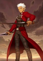 Rule 34 | 1boy, archer (fate), brown hair, dark skin, dark-skinned male, fate/grand order, fate/stay night, fate (series), holding, holding sword, holding weapon, looking at viewer, male focus, official art, resized, silver hair, sky, solo, sword, takeuchi takashi, upscaled, waifu2x, weapon