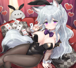 Rule 34 | 1girl, animal ear fluff, animal ears, arm up, bare shoulders, black jacket, black leotard, black pantyhose, bow, bowtie, breasts, card, couch, covered navel, curtains, detached collar, expressionless, fake animal ears, fox ears, fox girl, fox tail, heart, highleg, highleg leotard, jacket, kei kei, large breasts, leotard, long hair, looking at viewer, off shoulder, original, pantyhose, pillow, playboy bunny, playing card, purple bow, purple bowtie, purple eyes, rabbit ears, sitting, strapless, strapless leotard, tail, thighs, v, very long hair, white hair, wrist cuffs