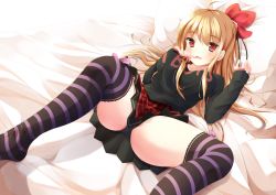 Rule 34 | 1girl, bad id, bad pixiv id, blonde hair, bow, breasts, hair bow, highres, koroneko p0w0q, long hair, medium breasts, open mouth, original, panties, plaid, plaid skirt, red eyes, skirt, solo, striped clothes, striped thighhighs, thighhighs, underwear