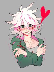 Rule 34 | 1boy, blush, collarbone, commentary request, crazy eyes, cropped torso, crossed arms, danganronpa (series), danganronpa 2: goodbye despair, drooling, green jacket, grey background, grey eyes, grey hair, grey shirt, hair between eyes, heart, highres, hood, hooded jacket, jacket, komaeda nagito, looking at viewer, male focus, messy hair, nose blush, open clothes, open jacket, open mouth, pink jacket, print shirt, saliva, shirt, simple background, sin11111, solo, trembling, two-sided fabric, two-sided jacket, upper body