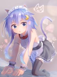 Rule 34 | 1girl, all fours, animal collar, animal ears, apron, bed sheet, black skirt, black thighhighs, blue eyes, cat ears, cat tail, collar, commentary request, crescent, crescent hair ornament, frilled apron, frilled shirt, frilled skirt, frills, hair ornament, heart, highres, kantai collection, looking at viewer, maid headdress, purple hair, shiira kan, shirt, short hair, short hair with long locks, skirt, sleeveless, sleeveless shirt, solo, tail, thighhighs, waist apron, wrist cuffs, yayoi (kancolle)