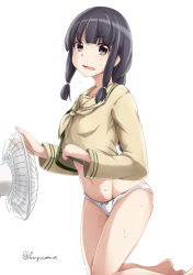 Rule 34 | 10s, 1girl, barefoot, black hair, blunt bangs, blush, braid, breasts, clothes lift, electric fan, fuyu mi, hot, kantai collection, kitakami (kancolle), kneeling, lifting own clothes, long hair, long sleeves, looking at viewer, navel, neckerchief, no pants, open mouth, purple eyes, remodel (kantai collection), school uniform, serafuku, shirt lift, simple background, single braid, small breasts, solo, sweat, twitter username, white background