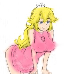 Rule 34 | 1girl, :q, bare shoulders, bent over, blonde hair, blue eyes, breasts squeezed together, breasts, colorized, covered erect nipples, crown, ge-b, jitome, large breasts, licking lips, long hair, mario (series), mini crown, naughty face, nintendo, princess peach, sketch, solo, tongue, tongue out, unfinished, very long hair