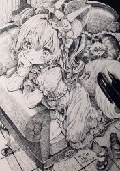 Rule 34 | 1girl, amezawa koma, animal ear fluff, animal ears, art tools in frame, blush, bow, bowtie, couch, dress, fox ears, fox girl, fox tail, frilled dress, frilled hairband, frills, greyscale, hairband, head rest, heart, heart-shaped pillow, highres, indoors, long hair, looking at viewer, mary janes, monochrome, nib pen (medium), open mouth, original, pen (medium), photo (medium), pillow, ringlets, shoes, sitting, solo, tail, traditional media