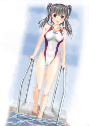 Rule 34 | 1girl, asics, bare arms, black hair, brown eyes, cameltoe, competition swimsuit, dutch angle, female focus, full body, hair bobbles, hair ornament, highres, long hair, looking at viewer, mashinatsu, one-piece swimsuit, original, poolside, reiji-sss, solo, standing, swimsuit, twintails, water