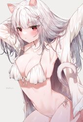 Rule 34 | 1girl, animal ears, armpits, arms up, bad id, bad pixiv id, bare shoulders, bikini, breasts, cat ears, cat girl, cat tail, cleavage, collarbone, commentary request, front-tie bikini top, front-tie top, grey background, hair between eyes, hair ornament, hairclip, highres, looking at viewer, mafuyu (chibi21), medium breasts, open clothes, open shirt, original, parted lips, red eyes, shirt, side-tie bikini bottom, signature, silver hair, simple background, solo, swimsuit, tail, wet, wet hair, white bikini, white shirt