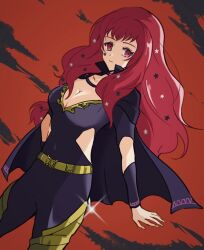 Rule 34 | 1girl, black cape, bodysuit, cape, choker, clothing cutout, commentary request, facial mark, fire emblem, fire emblem engage, gold belt, hair ornament, multicolored cape, multicolored clothes, nintendo, oda32t, pink choker, purple bodysuit, red eyes, red hair, side cutout, star (symbol), star facial mark, star hair ornament, two-tone cape, yunaka (fire emblem)