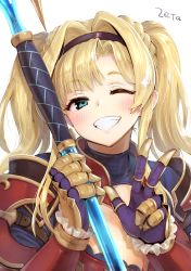 Rule 34 | 1girl, armor, blush, braid, breasts, cleavage, cleavage cutout, clothing cutout, frills, granblue fantasy, granblue fantasy versus, grin, hairband, highres, holding, holding weapon, one eye closed, polearm, signature, simple background, smile, solo, sparkle, spear, toruneko, turtleneck, twintails, w, weapon, white background, zeta (granblue fantasy)