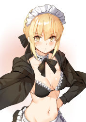 Rule 34 | 1girl, apron, artoria pendragon (all), artoria pendragon (alter swimsuit rider) (second ascension) (fate), artoria pendragon (fate), bad id, bad pixiv id, bikini, black bikini, blonde hair, blush, breasts, closed mouth, collarbone, fate/grand order, fate (series), frilled apron, frills, gradient background, hair between eyes, hand on own hip, hood, hoodie, long hair, looking at viewer, maid, maid bikini, maid headdress, medium breasts, navel, open clothes, open hoodie, saber alter, shovelwell, sidelocks, solo, swimsuit, tsurime, unconventional maid, upper body, waist apron, yellow eyes