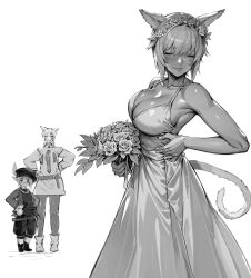 Rule 34 | 3girls, animal ears, bouquet, breasts, cat ears, cat tail, cleavage, closed eyes, commentary, crying, english commentary, facial mark, final fantasy, final fantasy xiv, flower, greyscale, hands on own hips, hat, headband, holding, holding bouquet, jamjamstyle, lalafell, large breasts, miqo&#039;te, monochrome, multiple girls, pointy ears, short hair, siblings, sisters, tail, tataru taru, whisker markings, white background, y&#039;mhitra rhul, y&#039;shtola rhul