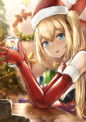 Rule 34 | 1girl, bad id, bad pixiv id, bell, blonde hair, blue eyes, blurry, box, breasts, can, christmas, christmas ornaments, christmas tree, depth of field, elbow gloves, eyebrows, eyelashes, facing away, flower, from side, fur trim, gift, gift box, gloves, gohei (aoi yuugure), hair between eyes, hair ribbon, hair tie, hat, highres, holding, holding can, jingle bell, long hair, looking at viewer, medium breasts, mirai akari, mirai akari project, open mouth, red flower, red gloves, red hat, red ribbon, red rose, ribbon, rose, santa costume, santa hat, side ponytail, sidelocks, solo, star (symbol), tongue, tree, upper body, virtual youtuber, wreath