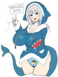 Rule 34 | 1girl, alternate breast size, animal costume, animal hood, arrow (symbol), blue eyes, blue hair, blue hoodie, blue panties, blunt bangs, blush, breasts, character print, clothes writing, collarbone, cowboy shot, curvy, drawstring, female focus, fins, fish tail, gawr gura, grey hair, hair ornament, highres, hololive, hololive english, hood, hood up, hoodie, huge breasts, large breasts, long sleeves, looking at viewer, medium hair, multicolored clothes, multicolored hair, \n/, no pants, panties, panty writing, print clothes, print panties, shark costume, shark girl, shark hair ornament, shark hood, shark print, shark tail, sharp teeth, simple background, sinensian, smile, solo, source request, streaked hair, tail, teeth, two side up, underwear, underwear writing, virtual youtuber, watson amelia, white background, wide sleeves