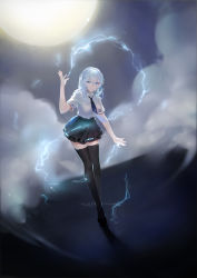 Rule 34 | 1girl, absurdres, arm up, benghuai xueyuan, black necktie, black skirt, black thighhighs, blue eyes, character request, closed mouth, collared shirt, commentary request, electricity, highres, honkai (series), kamachi kamachi-ko, long hair, looking at viewer, moon, necktie, shirt, short sleeves, skirt, smile, solo, standing, thighhighs, white hair, white shirt, zettai ryouiki