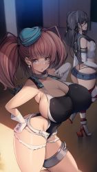 Rule 34 | 2girls, absurdres, anchor hair ornament, aqua headwear, ass, atlanta (kancolle), black neckerchief, black one-piece swimsuit, black panties, black ribbon, blue skirt, breasts, brown hair, butt crack, cleavage, competition swimsuit, cosplay, crop top, earrings, elbow gloves, garrison cap, gloves, grey eyes, grey hair, hair ornament, hair ribbon, hat, highleg, highleg panties, highleg swimsuit, highres, huge breasts, jewelry, kantai collection, large breasts, long hair, microskirt, multicolored clothes, multicolored swimsuit, multiple girls, neckerchief, one-piece swimsuit, panties, ribbon, sailor collar, scamp (kancolle), scamp (kancolle) (cosplay), shimakaze (kancolle), shimakaze (kancolle) (cosplay), shorts, side ponytail, skirt, star (symbol), star earrings, striped clothes, striped thighhighs, swimsuit, thighhighs, thong, torisan, two-tone swimsuit, two side up, underwear, whale tail (clothing), white gloves, white shorts