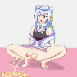Rule 34 | 1boy, artist request, barefoot, blue eyes, blue hair, blush, bottomless, censored, feet, hacka doll, hacka doll 3, highres, peeing, penis, puddle, simple background, source request, squatting, tank top, tears, trap