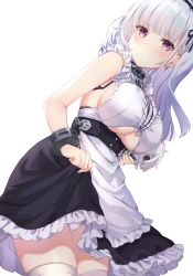 Rule 34 | 1girl, apron, azur lane, black ribbon, black skirt, blunt bangs, blush, bracelet, breasts, button eyes, buttons, center frills, closed mouth, clothes lift, clothing cutout, commentary request, cowboy shot, dido (azur lane), doll, earrings, frilled shirt, frilled skirt, frills, hair ribbon, hairband, heart, heart earrings, highres, holding, holding doll, jewelry, kon (k0n16), large breasts, lifting own clothes, long hair, panties, purple eyes, ribbon, shirt, silver hair, simple background, skirt, skirt lift, sleeveless, sleeveless shirt, solo, thighhighs, underboob, underboob cutout, underwear, upskirt, waist apron, white apron, white background, white panties, white shirt, white thighhighs