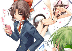 Rule 34 | 2boys, absurdres, animal ears, benikurage (cookie), bikini, black bikini, blazer, blue jacket, blush, bow, brown eyes, brown hair, bulge, cat boy, cat ears, cat tail, cellphone, collared shirt, commentary request, cookie (touhou), covered erect nipples, covering own eyes, cross, facepaint, fake animal ears, frilled bow, frilled hair tubes, frills, frog hair ornament, full body, genderswap, genderswap (ftm), green eyes, green hair, grin, hair bow, hair ornament, hair tubes, hakurei reimu, heart, highres, holding, holding phone, jacket, kochiya sanae, long sleeves, looking at another, male focus, medium hair, multiple boys, necktie, open mouth, parted bangs, paseri (cookie), paw shoes, phone, red bow, red necktie, shirt, side-tie bikini bottom, simple background, smartphone, smile, swimsuit, tail, tongue, tongue out, touhou, translation request, trap, upper body, white background, white shirt, yamabe no akahito