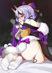 Rule 34 | 1girl, anal, anal object insertion, anus, ass, back, bare shoulders, blush, hair ornament, heavy breathing, highres, horns, japanese clothes, kimono, looking at viewer, moketa, nijisanji, object insertion, oni, open mouth, pointy ears, purple eyes, purple hair, rindou mikoto, sitting, skin-covered horns, socks, solo, sweat, virtual youtuber, white socks