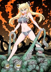 Rule 34 | 1girl, blonde hair, breasts, clothing cutout, cthulhu, cthulhu mythos, fang, green eyes, hair ornament, large breasts, long hair, nekotarou, sports bra, stepped on, tentacles, twintails, underboob cutout
