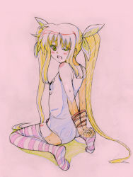 Rule 34 | 00s, 1girl, arms behind back, bdsm, blonde hair, bondage, bound, bound wrists, color trace, fate testarossa, hayakawa harui, looking back, lyrical nanoha, mahou shoujo lyrical nanoha, one-piece swimsuit, one eye closed, production art, school swimsuit, sketch, solo, striped clothes, striped thighhighs, swimsuit, thighhighs, white one-piece swimsuit, white school swimsuit