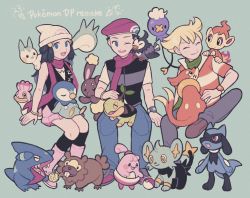 Rule 34 | 1girl, 2boys, barry (pokemon), beanie, berry (pokemon), bidoof, black hair, black legwear, blonde hair, blue eyes, boots, bracelet, brown footwear, buizel, buneary, chimchar, closed eyes, closed mouth, commentary request, copyright name, creatures (company), dawn (pokemon), drifloon, eyelashes, fire, game freak, gen 4 pokemon, gible, green scarf, grey pants, hair ornament, hairclip, happiny, hat, highres, invisible chair, jewelry, light blush, long hair, lucas (pokemon), mt kkrd, multiple boys, nintendo, on lap, on shoulder, one eye closed, open mouth, pachirisu, pants, pink footwear, piplup, poke ball, poke ball (basic), pokemon, pokemon (creature), pokemon dppt, pokemon on lap, pokemon on shoulder, purple headwear, purple scarf, riolu, scarf, shellos, shinx, shoes, short hair, short sleeves, sidelocks, sitting, sleeveless, smile, socks, starly, tongue, white headwear