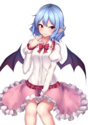 Rule 34 | 1girl, :&gt;, bat wings, between legs, blue hair, bow, bowtie, closed mouth, hand between legs, hand up, highres, juliet sleeves, junior27016, long sleeves, looking at viewer, pink skirt, pointy ears, puffy sleeves, red bow, red bowtie, red eyes, remilia scarlet, simple background, sitting, skirt, smile, solo, touhou, white background, wings