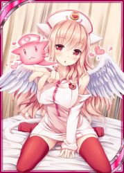 Rule 34 | 1girl, :3, :o, akkijin, angel wings, animal ears, bare shoulders, bed, between legs, blowing kiss, blush, border, breasts, card (medium), cat ears, cat tail, catcine (shinkai no valkyrie), curtains, detached sleeves, dress, feathers, foreshortening, full body, hand between legs, hat, heart, indoors, large breasts, long hair, looking at viewer, nurse, nurse cap, official art, on bed, open mouth, outstretched arm, paw print, pink hair, red eyes, red thighhighs, shinkai no valkyrie, short dress, sitting, sleeves past wrists, solo, sparkle, spread legs, striped clothes, striped thighhighs, syringe, tail, thighhighs, very long hair, wariza, wings, zettai ryouiki