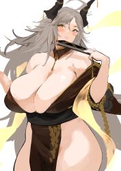Rule 34 | 1girl, absurdres, ahoge, bare shoulders, blush, breasts, brown kimono, cleavage, closed mouth, commentary request, detached collar, faucre the evil overlord, grey hair, hand fan, highres, holding, holding fan, horns, huge breasts, japanese clothes, kimono, last origin, lips, looking at viewer, messy hair, off shoulder, open clothes, rowkiba, simple background, smile, solo, white background, yellow eyes