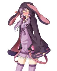 Rule 34 | 1girl, animal hood, blush, closed eyes, cowboy shot, crying, dress, flask (pandora), hair ornament, heart, highres, hood, hooded jacket, jacket, long sleeves, looking at viewer, low twintails, nose blush, open clothes, open jacket, open mouth, purple dress, purple hair, purple thighhighs, rabbit hood, short hair with long locks, solo, tachi-e, tears, thighhighs, transparent background, twintails, vocaloid, voiceroid, white background, yuzuki yukari