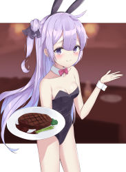 Rule 34 | 1girl, absurdres, animal ears, azur lane, bad id, bad pixiv id, black leotard, blurry, bow, bowtie, breasts, cowboy shot, depth of field, detached collar, fake animal ears, food, highres, leotard, light smile, long hair, looking at viewer, okappa (bobbed001), plate, playboy bunny, purple eyes, purple hair, rabbit ears, rabbit girl, rabbit tail, red bow, red bowtie, small breasts, solo, split mouth, steak, strapless, strapless leotard, tail, unicorn (azur lane), wrist cuffs