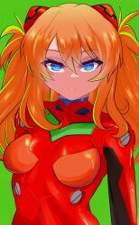 absurdres ben-day_dots blue_eyes bodysuit green_background green_highlights highres interface_headset looking_at_viewer mecha_pilot_suit neon_genesis_evangelion orange_hair plugsuit red_bodysuit screentones shion_(shion_aster) solo souryuu_asuka_langley twintails upper_body